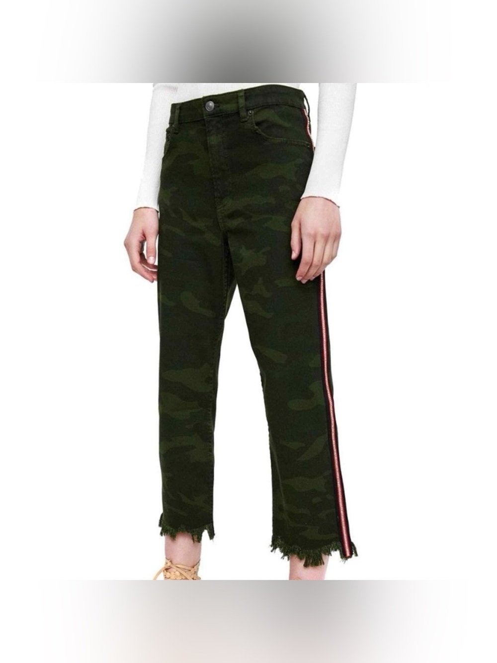 Zara Woman Camo Print Crop Raw Hem Jeans W Bedazzled Side Stripe
